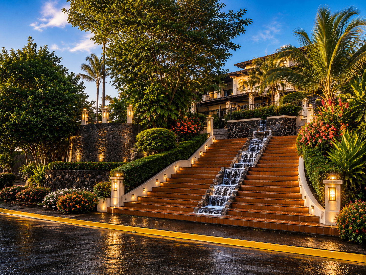 Illuminated front entrance at Coco Sunset Hills with a cascading staircase waterfall and tropical landscaping