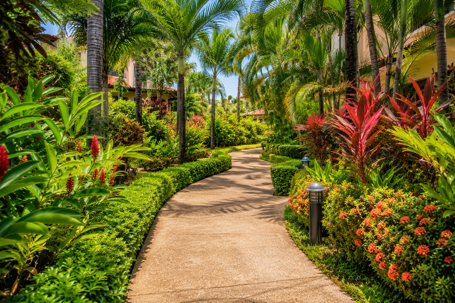 Lush tropical gardens and manicured landscaping surrounding a winding walkway at Coco Sunset Hills