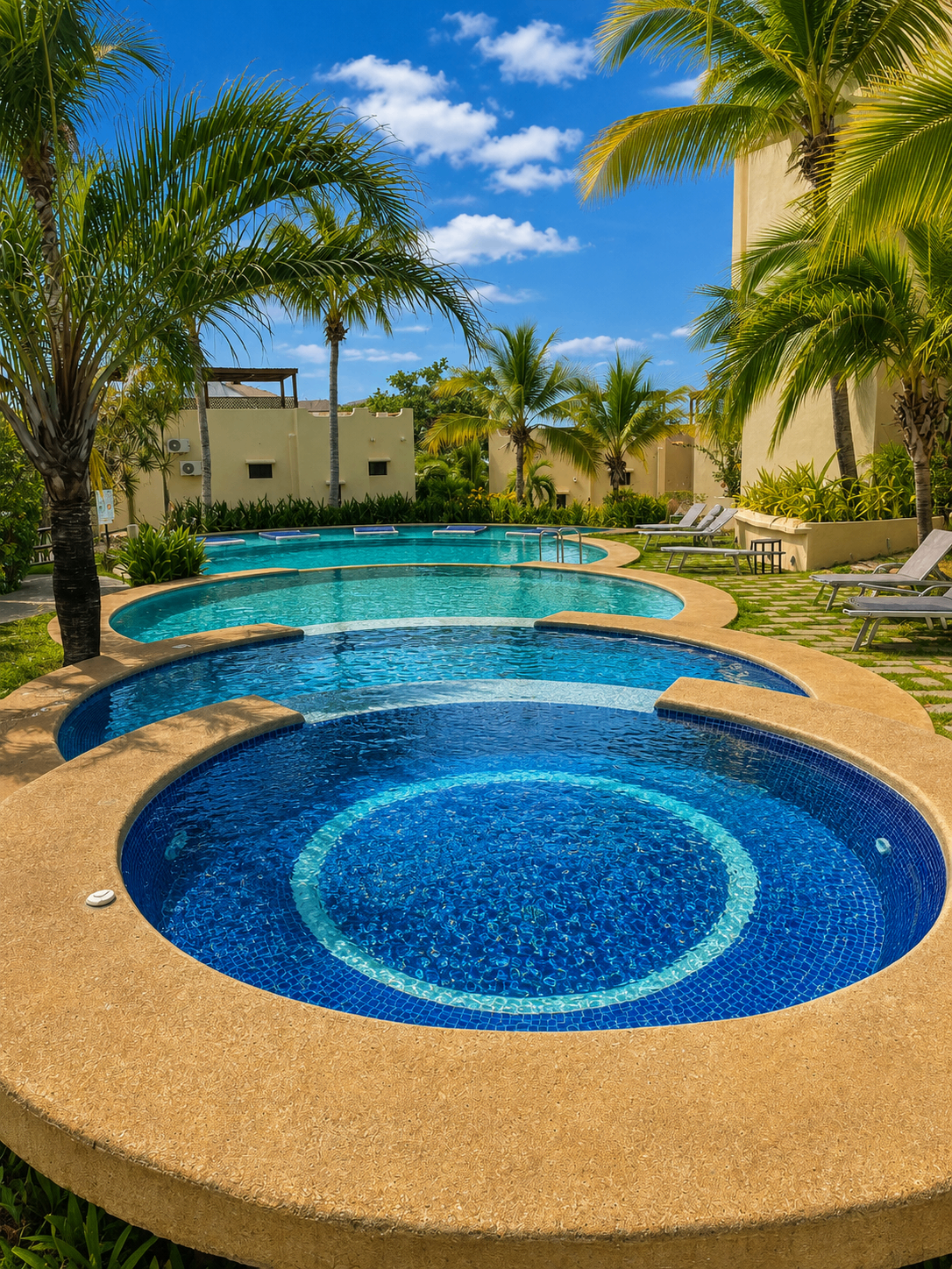 Cascading pool complex at Coco Sunset Hills with round blue basins, palm trees, and lounge chairs