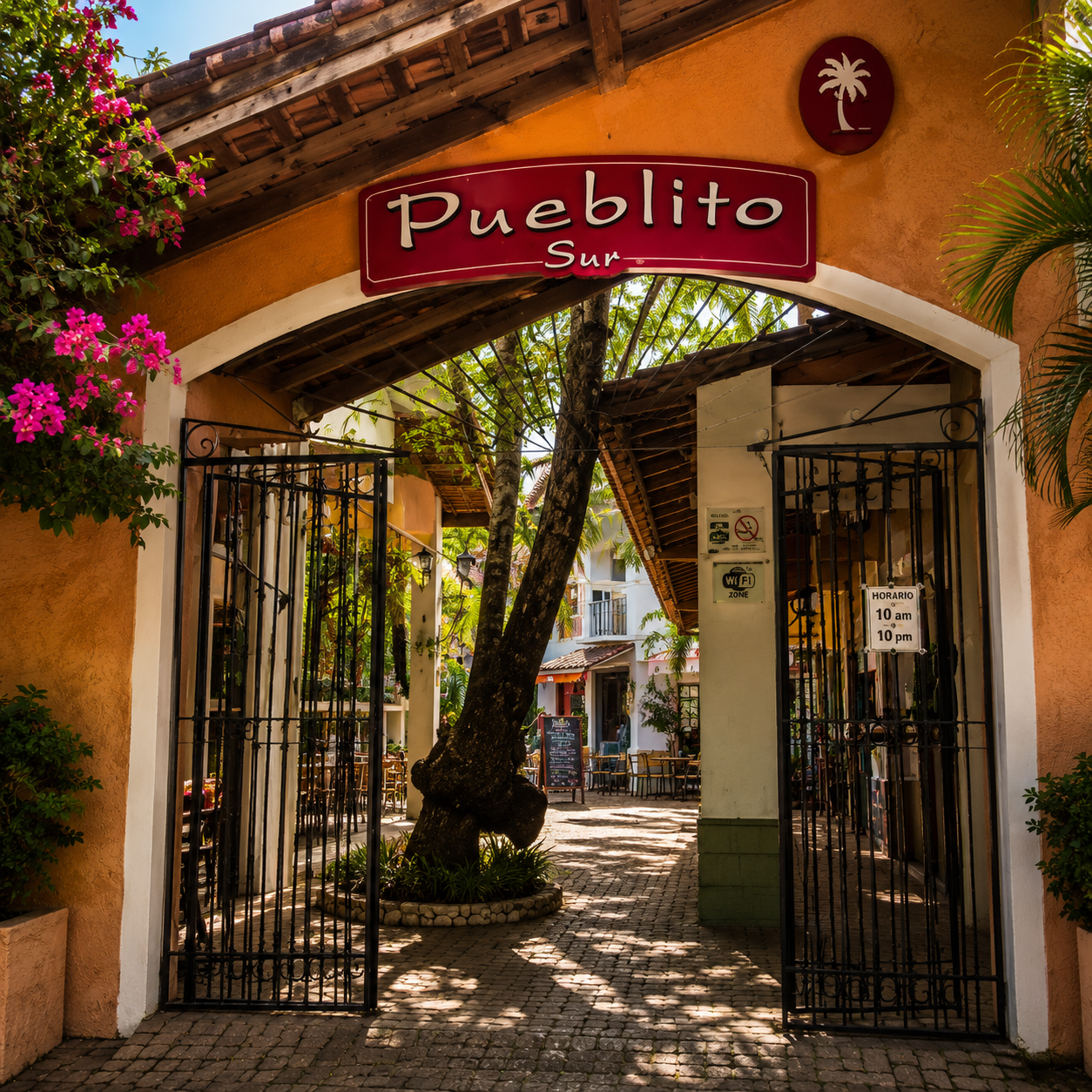 Archway entrance to Pueblito Sur shopping and dining plaza, a 5-minute walk from the condo
